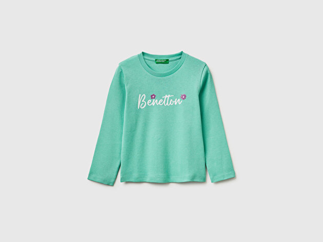 Benetton Kız Bebek Mint Simli Renkli Grafik Baskılı Yuvarlak Yaka Uzun Kollu T-Shirt