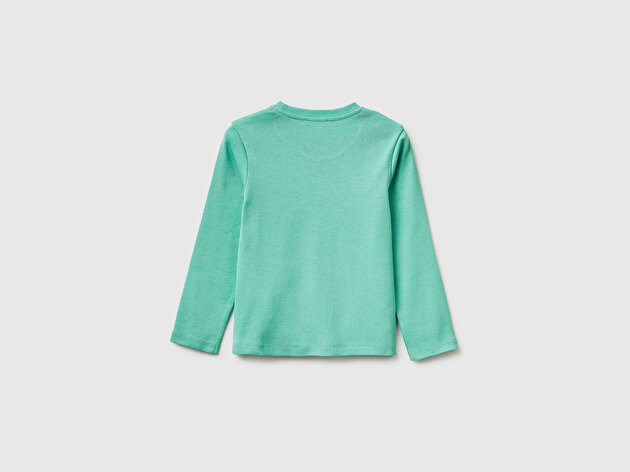 Benetton Kız Bebek Mint Simli Renkli Grafik Baskılı Yuvarlak Yaka Uzun Kollu T-Shirt