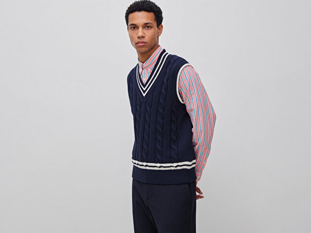 Benetton Erkek Lacivert  Pamuk Karışımlı Kontrast Renkli V Yaka Süveter