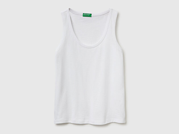 Benetton Kadın Beyaz %100 Pamuk Geniş Yuvarlak Yaka Askılı Atlet