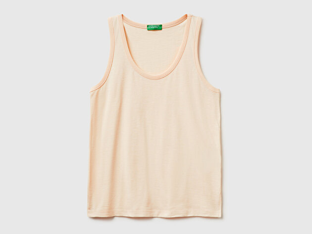 Benetton Kadın Krem %100 Pamuk Geniş Yuvarlak Yaka Askılı Atlet