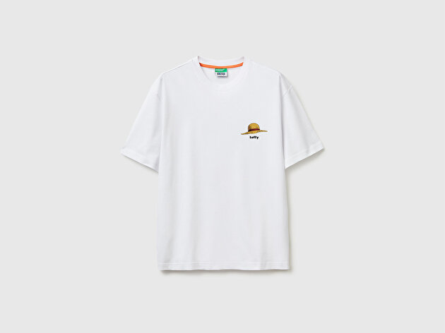 Benetton Erkek Beyaz  %100 Pamuk Grafik Baskılı Logo Etiketli Bisiklet Yaka T-Shirt