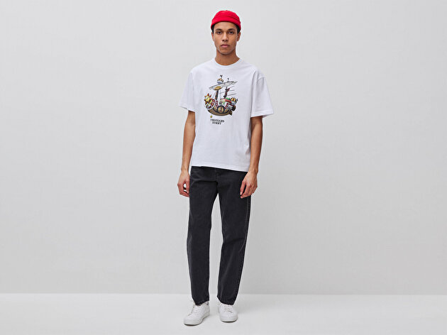 Benetton Erkek Beyaz Mix  %100 Pamuk Grafik Baskılı Logo Etiketli Bisiklet Yaka T-Shirt