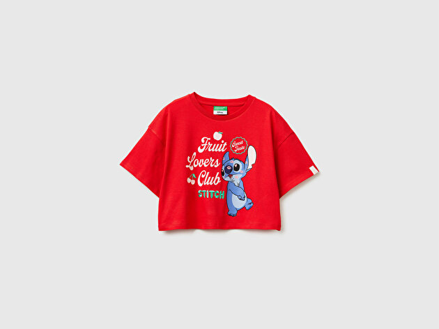 Benetton Kız Çocuk Kırmızı Su Bazlı Baskılı İşlemeli Kolu Logo Detaylı Boxy Fit T-Shirt