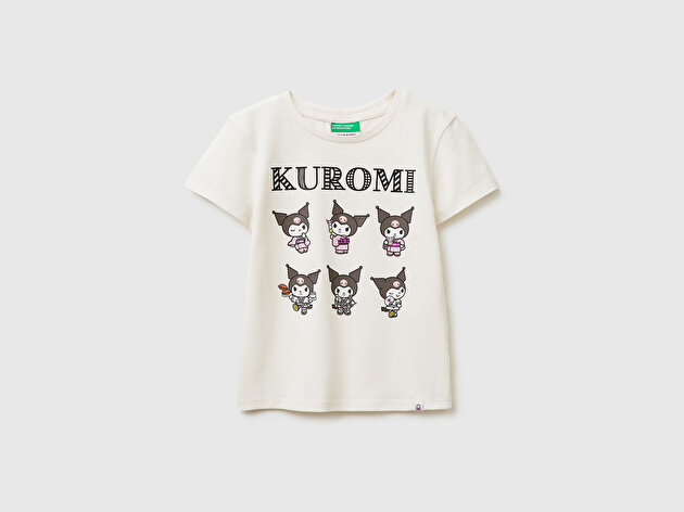 Benetton Kız Çocuk Ekru Önü Baskılı Etek Ucu Logolu Bisiklet Yaka T-Shirt