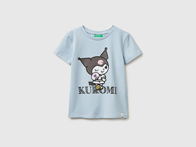 Benetton Kız Çocuk Buz Mavisi Önü Baskılı Etek Ucu Logolu Bisiklet Yaka T-Shirt