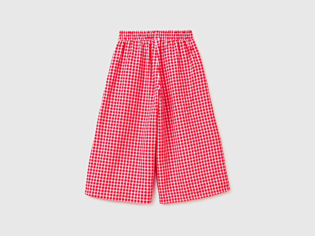 Benetton Kız Çocuk Beli Lastikli Büzgü İpli Kareli Geniş Paça Pantolon