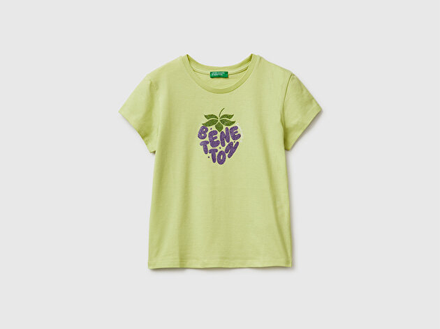 Benetton Kız Çocuk Sarı Simli Logolu Bisiklet Yaka T-Shirt