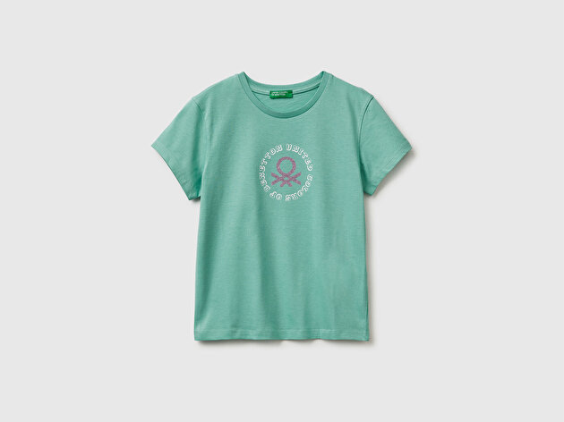 Benetton Kız Çocuk Mint Simli Logolu Bisiklet Yaka T-Shirt