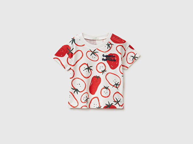 Benetton Bebek Krem Omzu Gizli Çıtçıtlı Domates Desenli Yuvarlak Yaka T-Shirt