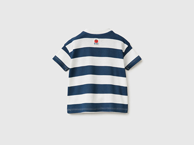 Benetton Bebek Lacivert-Krem Omzu Gizli Çıtçıtlı Domates Desenli Yuvarlak Yaka T-Shirt