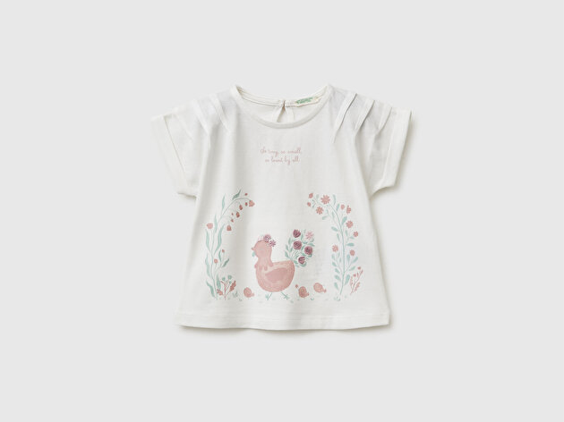 Benetton Bebek Beyaz Su Bazlı Baskılı İşlemeli Arkası Düğmeli Kimono Kol T-Shirt