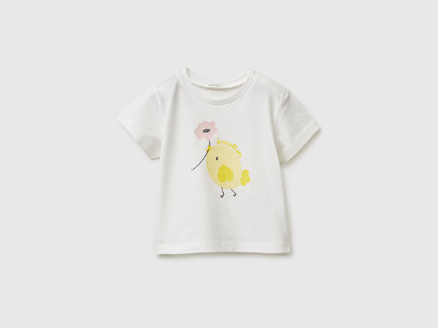 Benetton Bebek Beyaz Omzu Gizli Çıtçıtlı Baskılı Kısa Kollu T-Shirt
