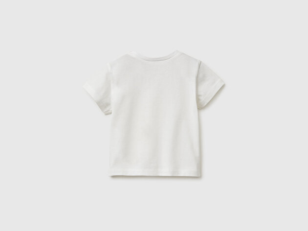 Benetton Bebek Beyaz Omzu Gizli Çıtçıtlı Baskılı Kısa Kollu T-Shirt