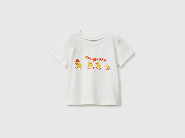 Benetton Bebek Ekru Omzu Gizli Çıtçıtlı Baskılı Kısa Kollu T-Shirt