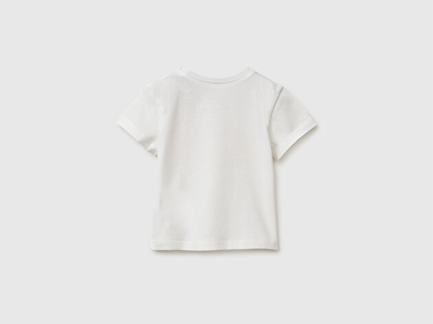 Benetton Bebek Ekru Omzu Gizli Çıtçıtlı Baskılı Kısa Kollu T-Shirt