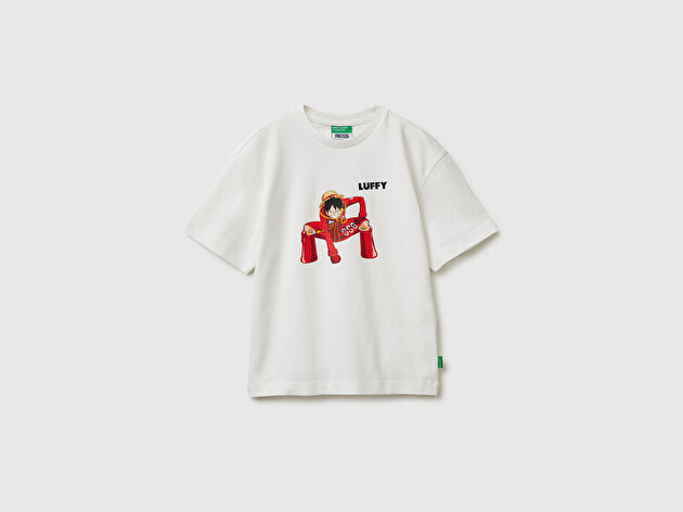 Benetton Erkek Çocuk Ekru Önü ve Arkası One Piece Baskılı Bisiklet Yaka T-Shirt