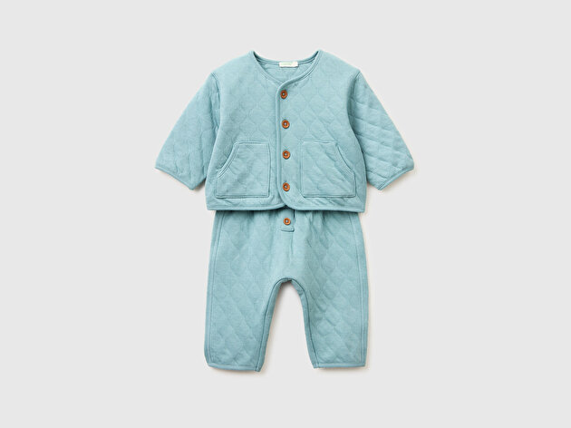 Benetton Bebek Buz Mavisi Düğmeli Kore Tarzı Kapitone Eşofman Takımı