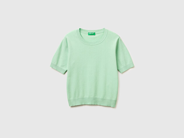 Benetton Kadın Su Yeşili %100 Pamuk Kısa Kollu Regular Fit Bisiklet Yaka Süveter