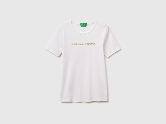 Benetton Kadın Beyaz %100 Pamuk Logo Baskılı Bisiklet Yaka T-Shirt