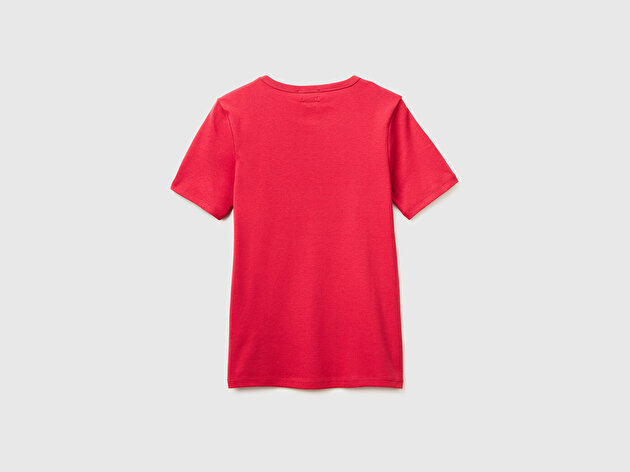 Benetton Kadın Kırmızı %100 Pamuk Logo Baskılı Bisiklet Yaka T-Shirt