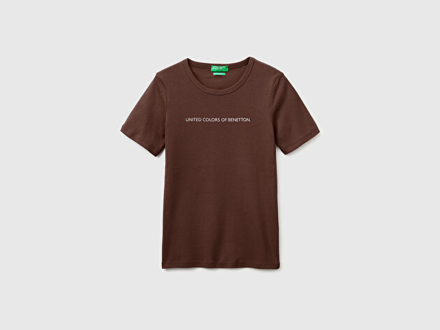 Benetton Kadın Kahverengi %100 Pamuk Logo Baskılı Bisiklet Yaka T-Shirt
