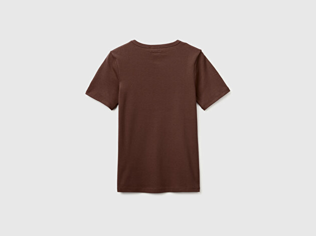 Benetton Kadın Kahverengi %100 Pamuk Logo Baskılı Bisiklet Yaka T-Shirt