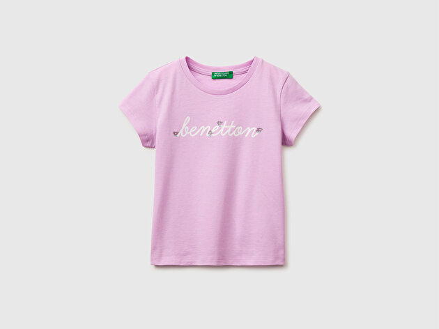 Benetton Kız Bebek Pembe Simli Grafik Baskılı Kısa Kollu Ribanalı Yaka T-Shirt
