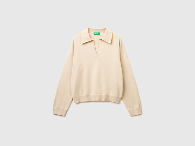 Benetton Kadın Taş %100 Pamuk Boxy Fit Uzun Kollu Polo Yaka Triko