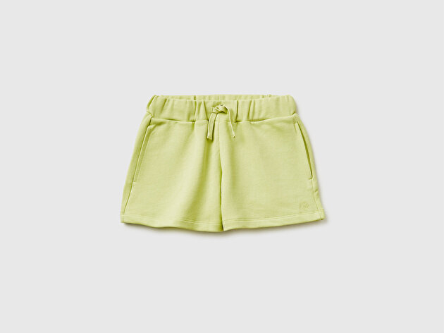 Benetton Kız Çocuk Sarı Beli Büzgülü İpli Cepli Logo İşlemeli Şort
