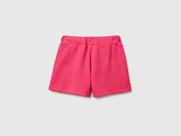Benetton Kız Çocuk Koyu Pembe Beli Büzgülü İpli Cepli Logo İşlemeli Şort