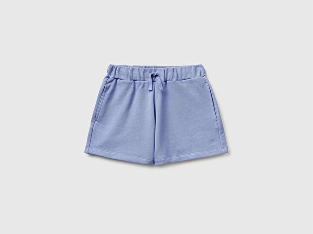 Benetton Kız Çocuk Havacı Mavi Beli Büzgülü İpli Cepli Logo İşlemeli Şort