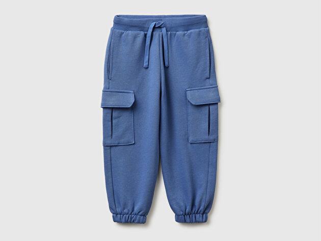 Benetton Erkek Bebek Havacı Mavi Cebi Logo Nakışlı Beli Büzgülü Polar Eşofman Altı