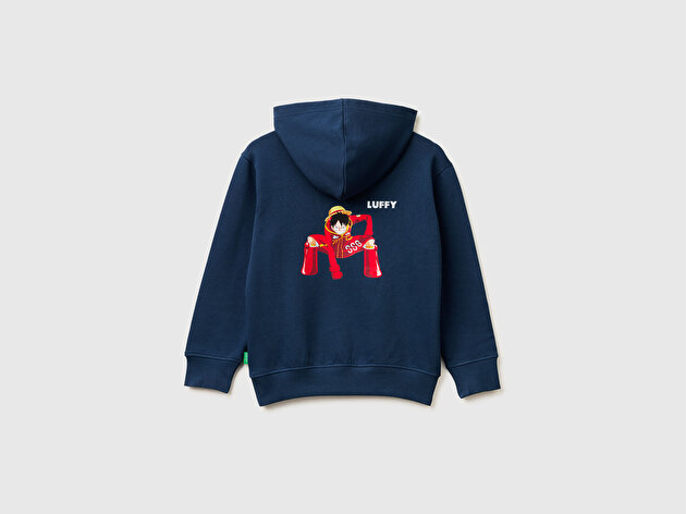Benetton Erkek Çocuk Koyu Lacivert Önü ve Arkası One Piece Baskılı Kapüşonlu Sweatshirt