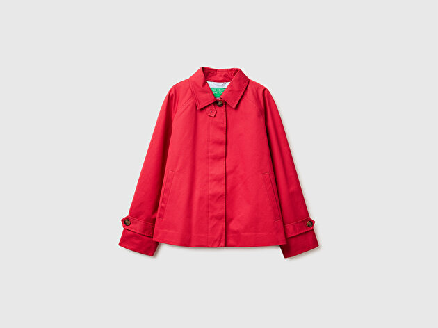 Benetton Kadın Kırmızı %100 Pamuk Patlı Reglan Kol Kısa Trençkot