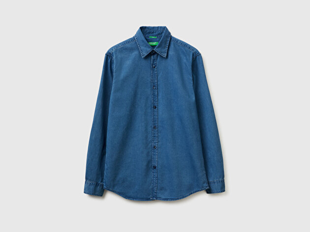 Benetton Erkek Mavi  Pamuk ve Liyosel Karışımlı Slim Fit Denim Gömlek