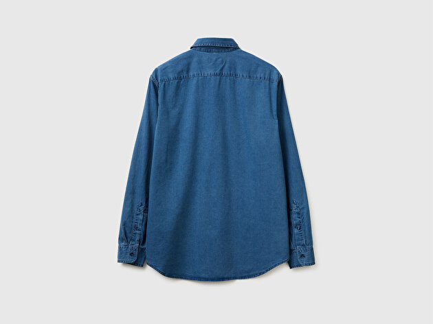 Benetton Erkek Mavi  Pamuk ve Liyosel Karışımlı Slim Fit Denim Gömlek