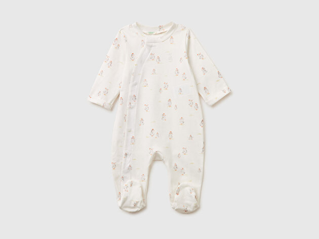 Benetton Bebek Ekru Gizli Çıtçıtlı Tamamı Desenli Uzun Kollu Tulum