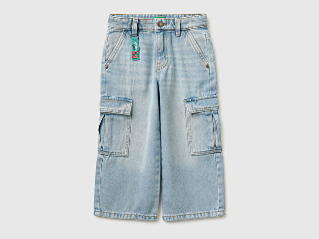 Benetton Erkek Bebek Buz Mavisi Arka Cebi Logo İşlemeli Bol Paça Denim Pantolon