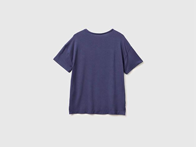 Benetton Kadın Koyu Mavi Modal Karışımlı Logolu Kısa Kollu Yuvarlak Yaka T-Shirt