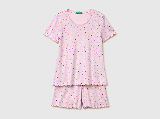 Benetton Kadın Pembe %100 Pamuk Fırfır Detaylı Desenli Pijama Takımı