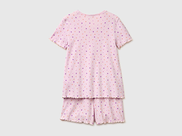 Benetton Kadın Pembe %100 Pamuk Fırfır Detaylı Desenli Pijama Takımı