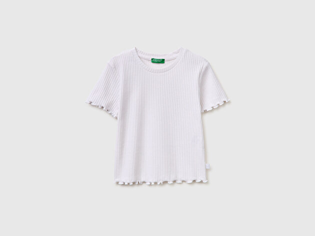 Benetton Kız Çocuk Beyaz Etek Ucu Fırfırlı Bisiklet Yaka Kısa Kollu T-Shirt