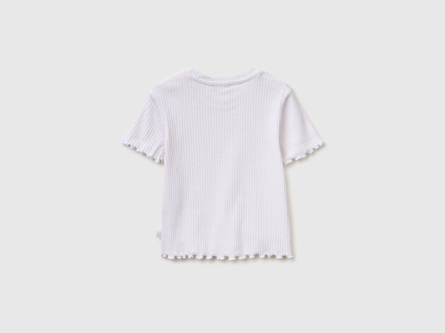 Benetton Kız Çocuk Beyaz Etek Ucu Fırfırlı Bisiklet Yaka Kısa Kollu T-Shirt