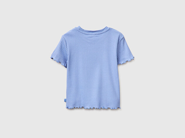 Benetton Kız Çocuk Havacı Mavi Etek Ucu Fırfırlı Bisiklet Yaka Kısa Kollu T-Shirt