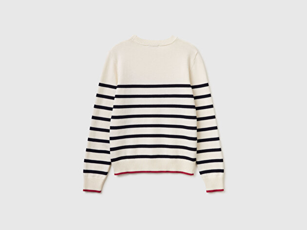 Benetton Kadın Krem %100 Pamuk Önü Nakışlı Çizgili Bisiklet Yaka Kazak