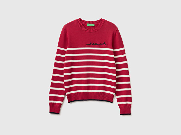 Benetton Kadın Kırmızı %100 Pamuk Önü Nakışlı Çizgili Bisiklet Yaka Kazak