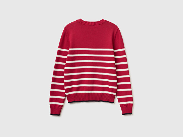 Benetton Kadın Kırmızı %100 Pamuk Önü Nakışlı Çizgili Bisiklet Yaka Kazak