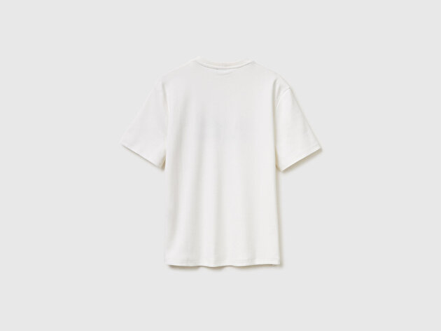 Benetton Kadın Krem Pamuk Karışımlı Önü Nakışlı Bisiklet Yaka T-Shirt