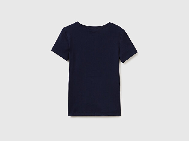 Benetton Kadın Lacivert Pamuk Karışımlı Önü Düğme Detaylı Yuvarlak Yaka T-Shirt